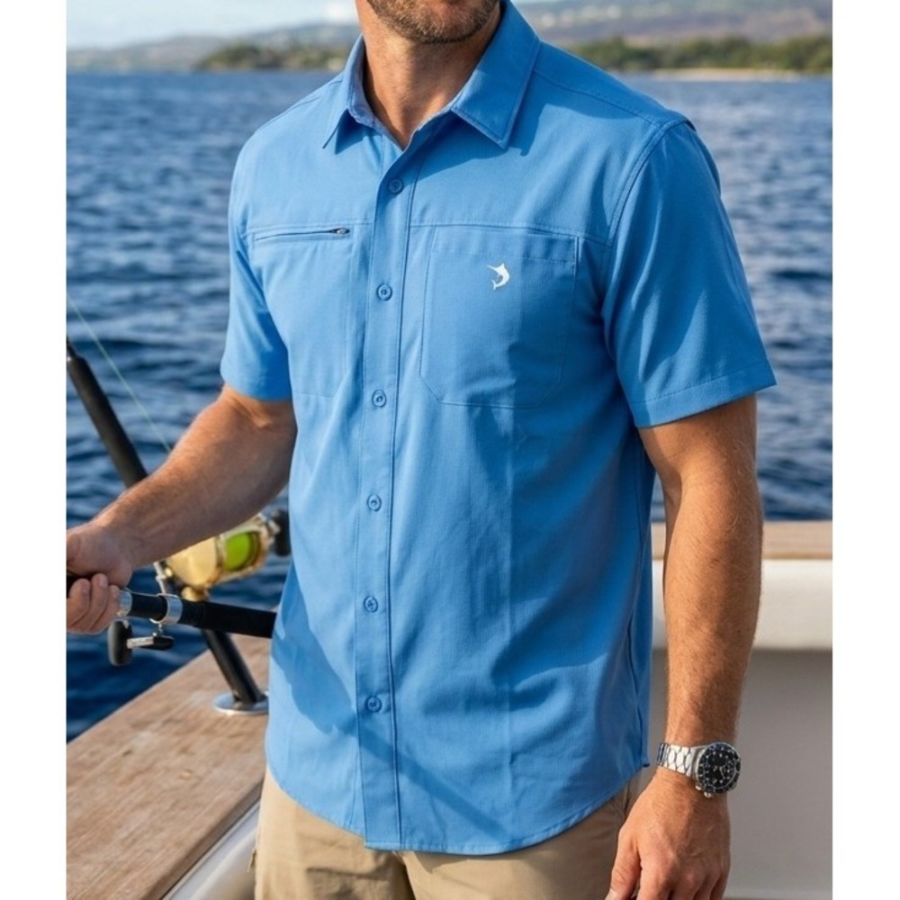 Reel Legends men's short-sleeve shirt is a light blue, button-up fishing top